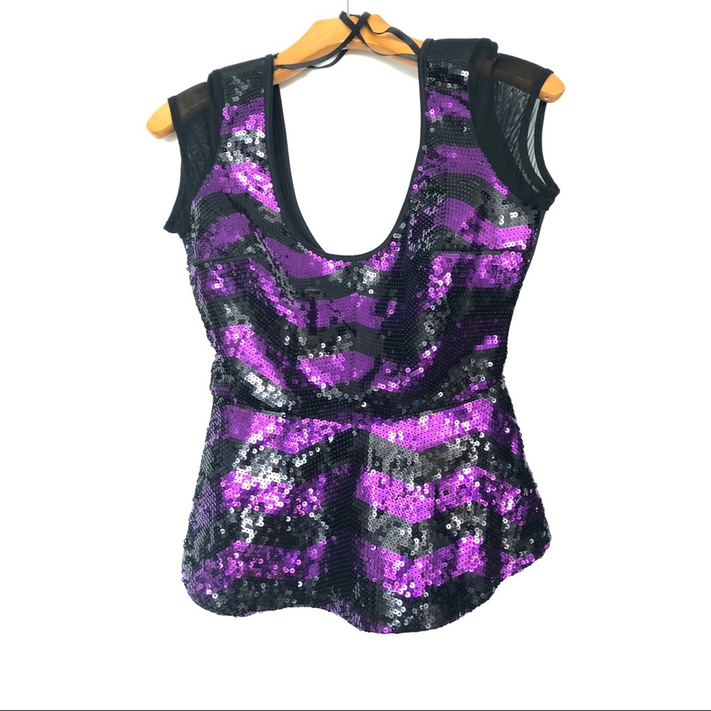 Bebe Sequin Purple & Black Peplum Top
